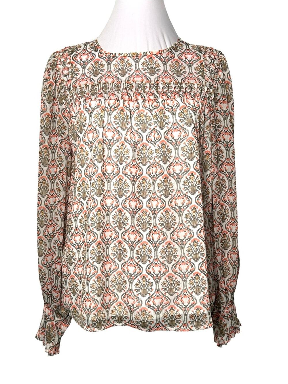 LOFT Floral Print Top Size XS Coral Sheer Lined Floral Peasant Boho Feminine